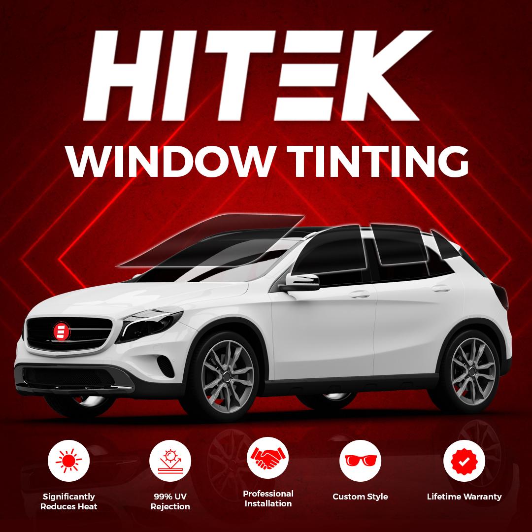 HiTek Films professional window tinting on white luxury vehicle - 99% UV rejection, lifetime warranty, San Diego